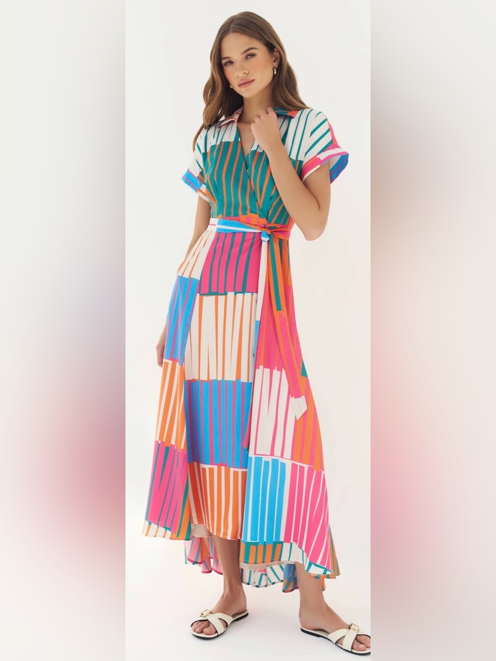 Hutch Johnnie Multicolor Striped Wrap Maxi Dress in Blue, Pink, Orange NWT Sz L - Picture 6 of 7